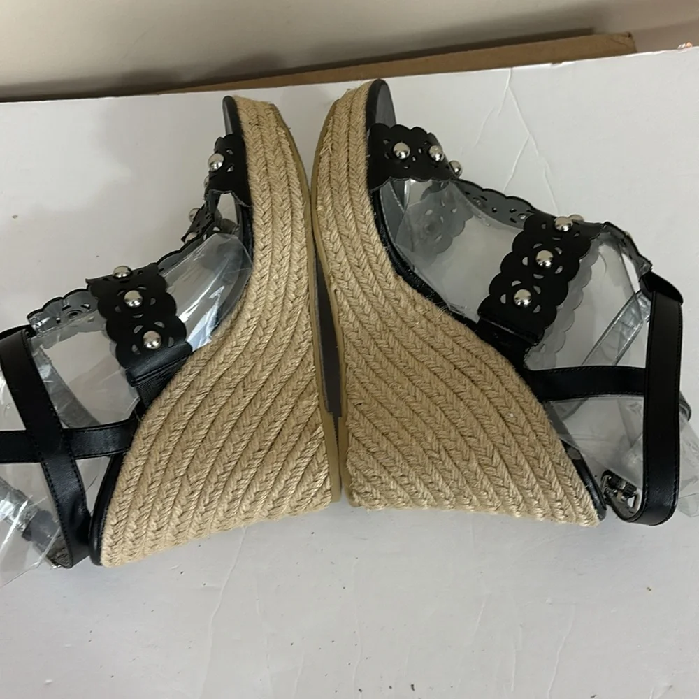 Cato Studded Black Platform Wedge Espadrille Sandals Size 8